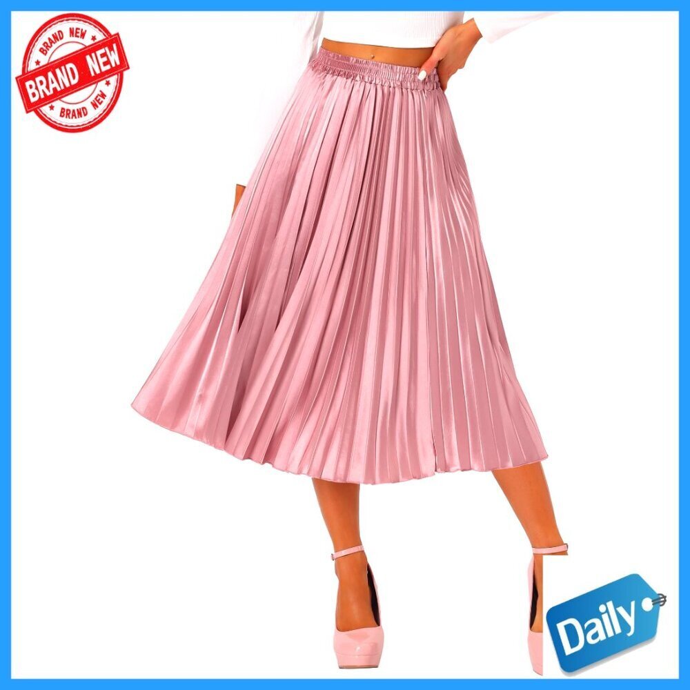 Midi Pleated Skirt High Waist Elastic A-Line Metallic Party Skirt